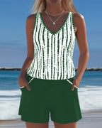 Mia™ | Casual Two Piece Printed V-Neck Swimsuit with Pockets