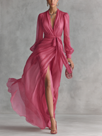 Pink Chiffon Dress V-Neck