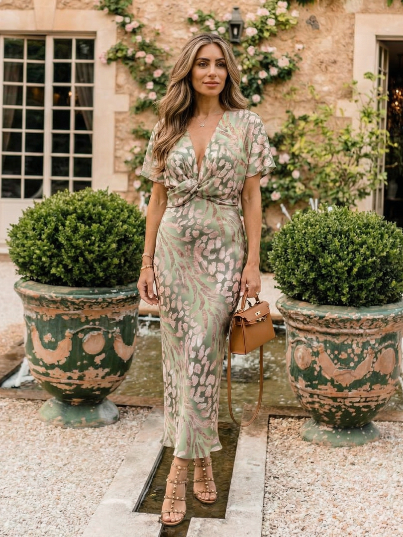 Nancy | Abstract Print V Neck Twist Waist Midi Dress