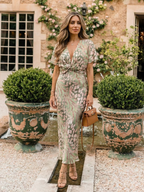 Nancy | Abstract Print V Neck Twist Waist Midi Dress