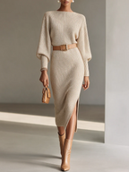 Oatmeal Boat-Neck Blouson-Sleeve Slit Midi Dress (with belt)