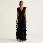 Nellyana | Wrap-Style V-Neck Flutter-Sleeve Cascading Ruffle Maxi Dress
