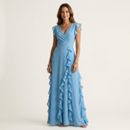 Nellyana | Wrap-Style V-Neck Flutter-Sleeve Cascading Ruffle Maxi Dress