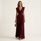 Nellyana | Wrap-Style V-Neck Flutter-Sleeve Cascading Ruffle Maxi Dress